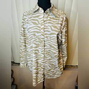 Roaman's Beige White Animal Print Button Up Blouse Size 14 Woman